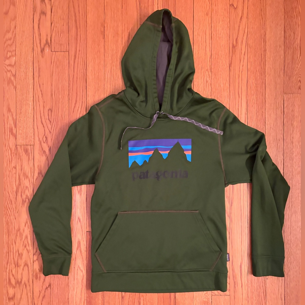 Patagonia Hoodie Men’s Small Green Logo Pullover Kangaroo Pocket Sweatshirt Poly